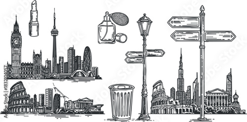 A collection of iconic city landmarks and street elements in black and white outline vector style, suitable for travel and tourism branding