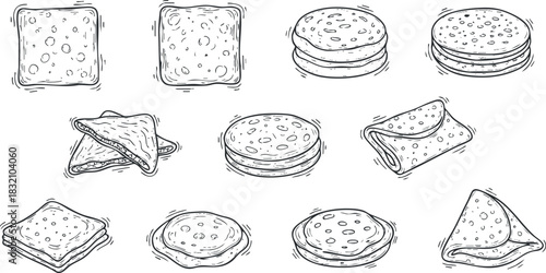 A collection of hand-drawn snack illustrations including crackers, cookies, and biscuits in outline vector style, perfect for food-related designs