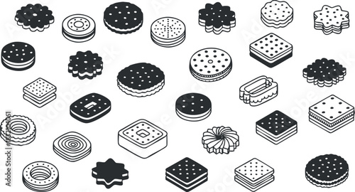 A collection of various cookie and biscuit icons in black and white outline vector style, perfect for food-related design projects