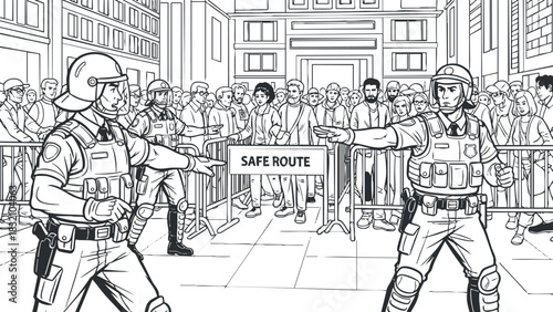 A line art illustration of police officers managing a crowd with a sign indicating a safe route in urban environment