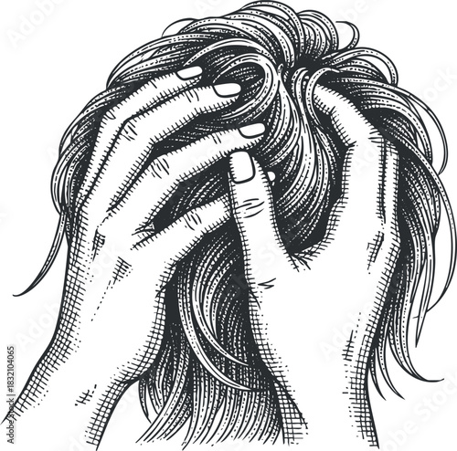 A pair of hands gently massaging a scalp in detailed black and white vintage sketch style, perfect for wellness and beauty concepts
