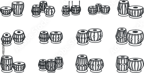A collection of various traditional drums in black and white outline vector style, suitable for music-themed designs and cultural projects