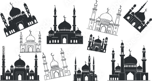 A collection of various mosque silhouettes in black and white geometric vector style, suitable for cultural and religious projects