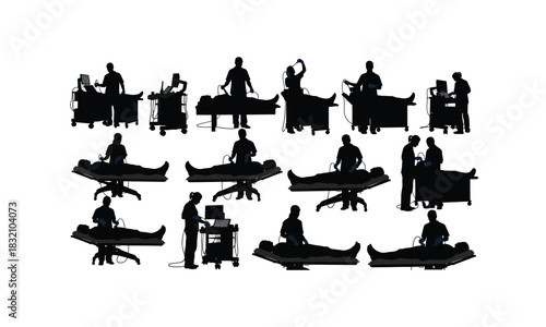 Diverse silhouette poses of an ultrasound operator scanning a patient presented as a clean isolated graphic on a white background isolated on white background