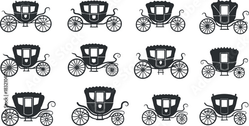 A collection of vintage horse-drawn carriages in black and white vector style, ideal for historical themes and decorative designs
