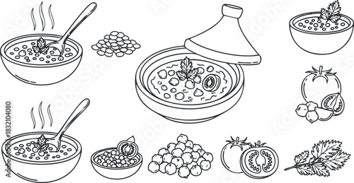 A collection of soup bowls, ingredients, and cooking utensils in black and white minimalist vector style, ideal for culinary illustrations