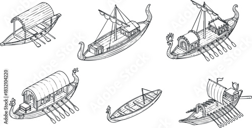 A collection of six Viking ships in detailed line art style, ideal for maritime-themed projects and historical illustrations