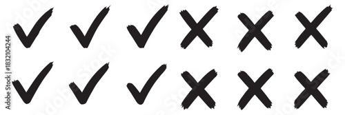 Check tick mark icon set. Cross box x check mark checkbox v list vector draw hand drawn sketch doodle brush marker checklist symbol wrong right circle. Vector Illustration