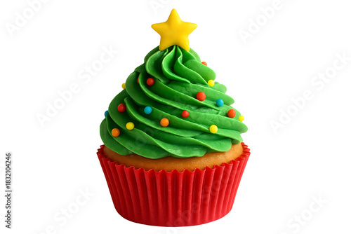 Festive Christmas tree cupcake with green frosting, colorful sprinkles and star topper isolated on black background
