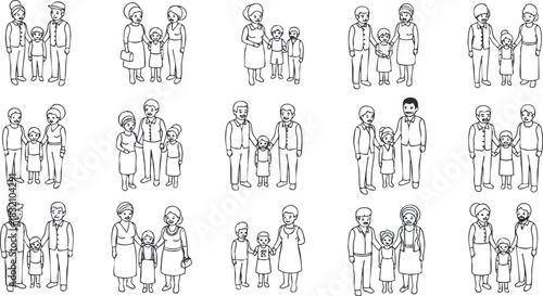 A collection of black and white line art illustrations depicting various family groups with children, perfect for family-themed design projects