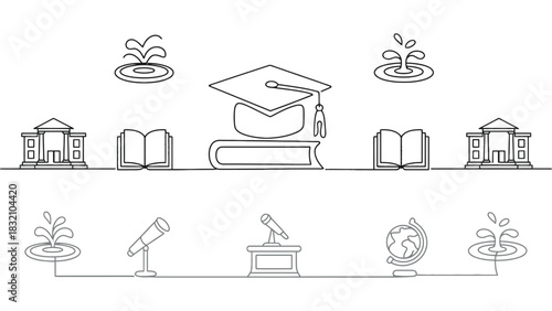 Line art illustration of academia and education related objects set up
