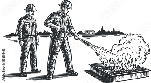 A firefighter using a fire extinguisher to put out flames in a black and white vintage vector style, ideal for safety training materials