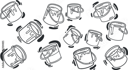 A collection of paint buckets with dripping paint in a playful outline vector style, perfect for DIY and home improvement projects