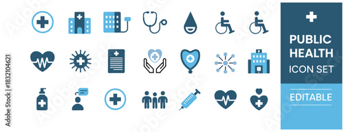 public health icon set, featuring community care illustrations, hospital service icons, family health symbols, protection elements, and medical support graphics suitable for healthcare presentations a