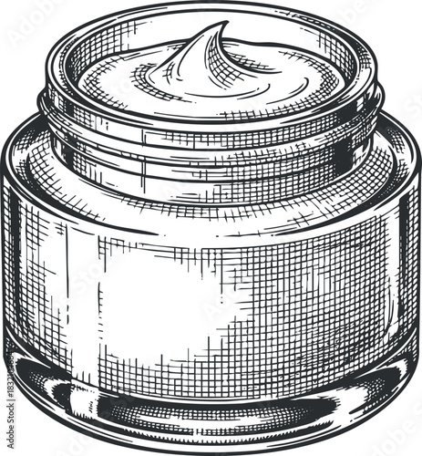 A detailed illustration of a cream jar with a smooth lid in black and white sketch style, ideal for cosmetic branding and skincare product design