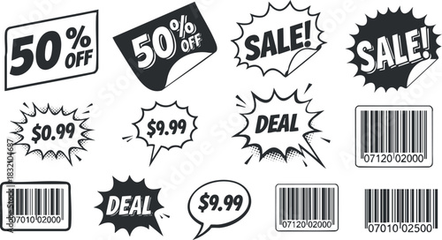 A collection of sale and discount tags featuring phrases like '50% Off', 'Deal', and price labels in black and white vector style, ideal for retail marketing and advertising.