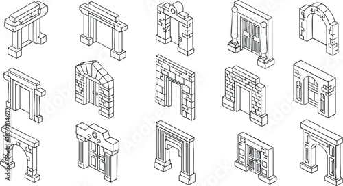 A collection of various architectural arch designs in clean outline vector style, suitable for architectural projects and illustrations