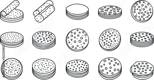 A collection of various cookie illustrations in black and white outline vector style, suitable for dessert menus and baking-related projects