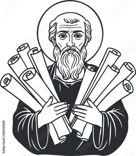 A religious figure holding multiple scrolls in a detailed black and white line art vector style, suitable for spiritual illustrations