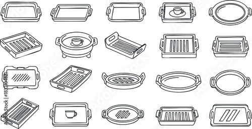 A collection of various kitchen cookware and serving dishes in clean outline vector style, perfect for culinary design projects