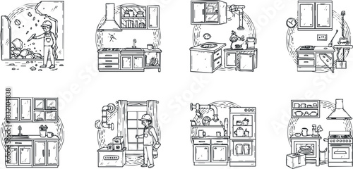A collection of kitchen and home interior sketches in black and white vector style, ideal for interior design projects