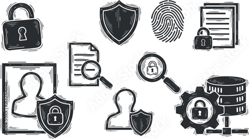 A collection of security and privacy icons including shields, locks, fingerprints, and documents in a hand-drawn vector style, suitable for technology and cybersecurity projects