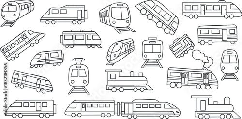 A collection of various train illustrations in black and white outline vector style, suitable for transportation-themed projects