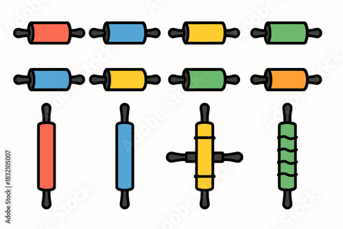 Colorful rolling pins collection with different designs and patterns