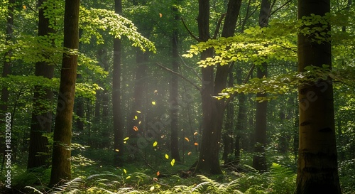 A serene woodland scene. Sunlight streams through the trees, illuminating leaves floating gently. The forest is dense