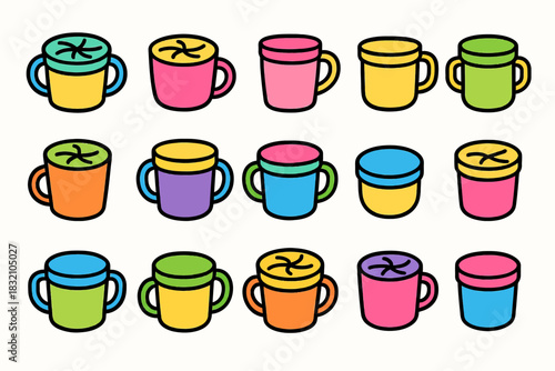 Colorful cartoon cups collection with various handles and lids in bright pop art style