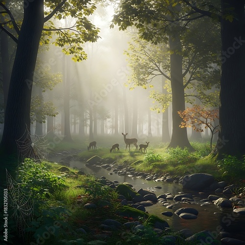 A serene woodland scene with a flowing stream, sunlit through the trees, featuring a deer family. Fog creates a mystical atmosphere