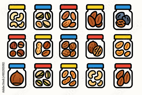 Variety of nuts in jars: cashews, almonds, pistachios, walnuts, and more
