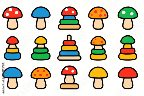 Colorful cartoon mushrooms and stackable toys on white background