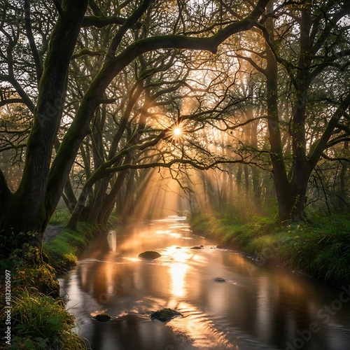 A serene woodland scene with a meandering stream. Sunlight streams through the trees, illuminating the water and fog