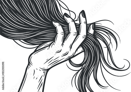 A hand holding long strands of hair in an intricate black and white sketch style, ideal for beauty and fashion themes