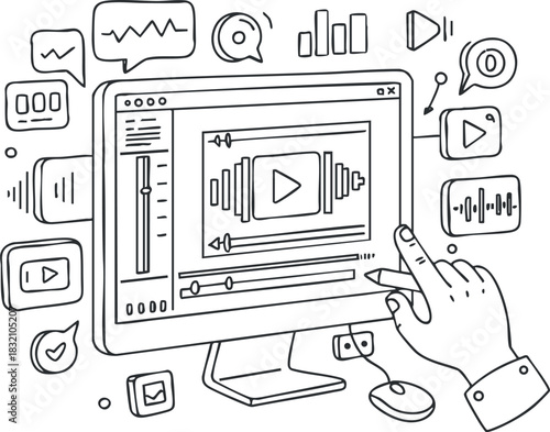 A hand interacting with a video playback interface on a computer screen in a clean outline vector style, suitable for tech and multimedia projects