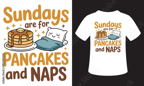 Cute cartoon pancakes and sleeping cat illustration for sunday mornings and relaxation