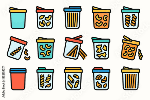 Colorful food containers with various pasta noodles