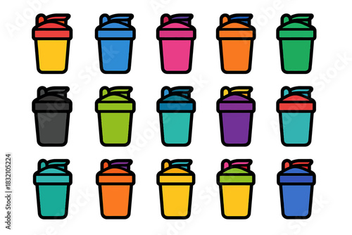 Colorful shaker bottles collection in various shades and designs