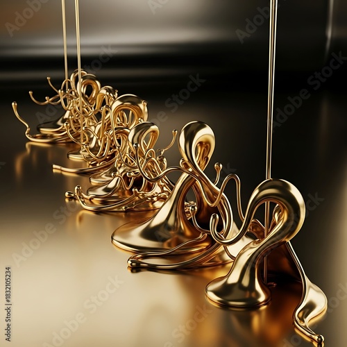 A series of golden liquid droplets cascade down, forming elegant shapes on a reflective surface. The light plays beautifully creating a shiny look