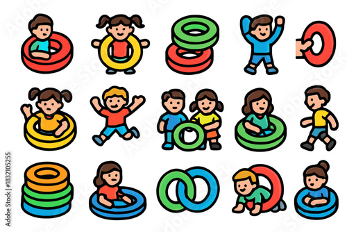 Children playing with colorful hoops and rings, diverse boys and girls engaged in fun activities