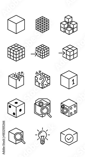 A series of minimalist cube icons, showcasing different concepts, configurations, and alterations in simple, modern line art style