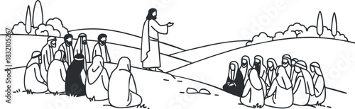 A scene of Jesus teaching a large crowd in black and white vector style, ideal for religious illustrations and educational materials