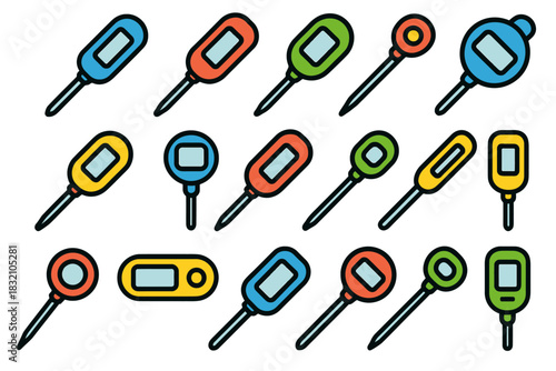 Colorful digital thermometer icons in varied shapes and sizes