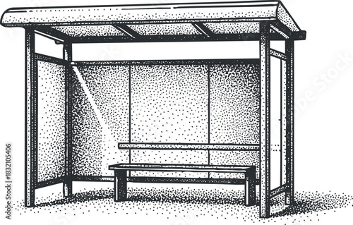 A detailed illustration of a bus shelter with a bench in dot-style outline vector, suitable for urban design projects