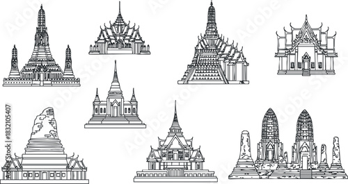 A collection of intricate temple illustrations in detailed black and white outline vector style, ideal for cultural projects and travel materials