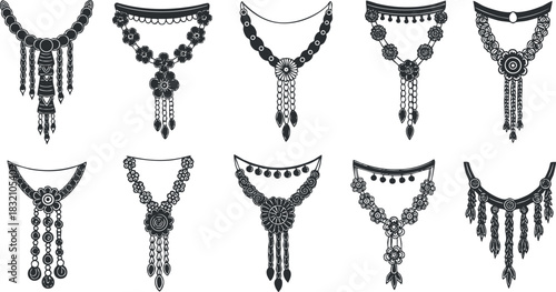 A collection of ten intricately designed necklaces in black and white vector style, ideal for fashion and jewelry design projects