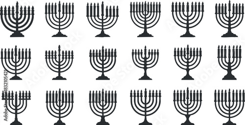 A collection of black menorah icons in a repetitive pattern on a white background, ideal for Hanukkah-themed designs