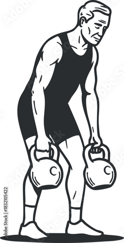 A male athlete performing kettlebell exercises in a dynamic black and white vector style, suitable for fitness branding and promotional materials