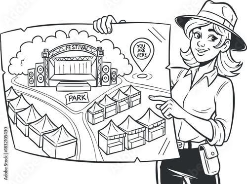 A woman holding a festival map featuring a stage and tents in black and white outline vector style, ideal for event planning and promotional materials